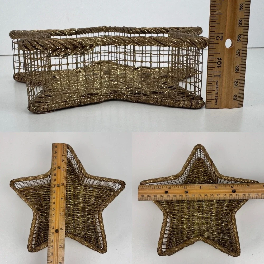 Vtg Gold Glitter 8 inches Wicker Metal Star Shaped Tabletop Basket Small Shimmer